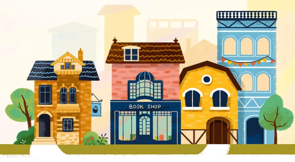 Colorful children's book illustration of a town