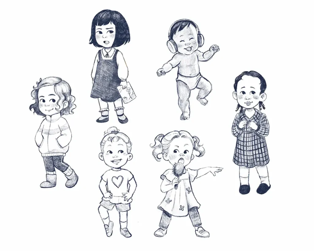 Kid Lit sketches of toddlers and a dancing baby. Character Design for Children's Books
