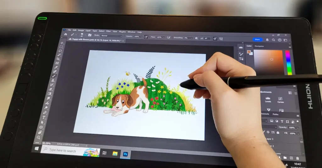Picture of my old drawing tablet with a childrens book illustration of a puppy.