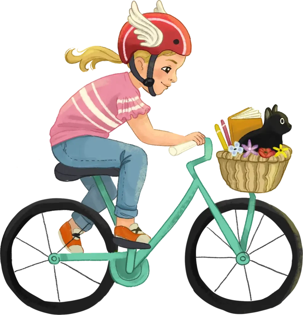 Children's illustration of a girl riding bicycle
