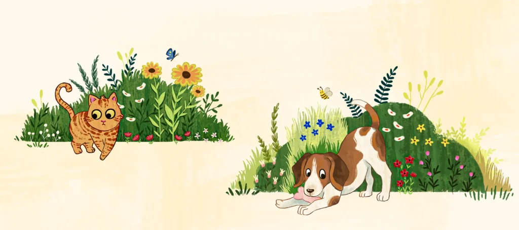 Children's book illustration of a cat and a dog