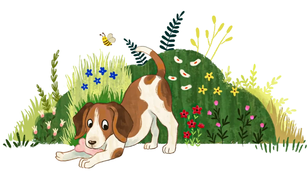 Puppy with flowers children's book illustration