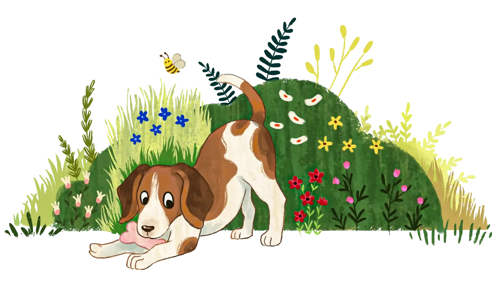 Puppy with flowers children's book illustration