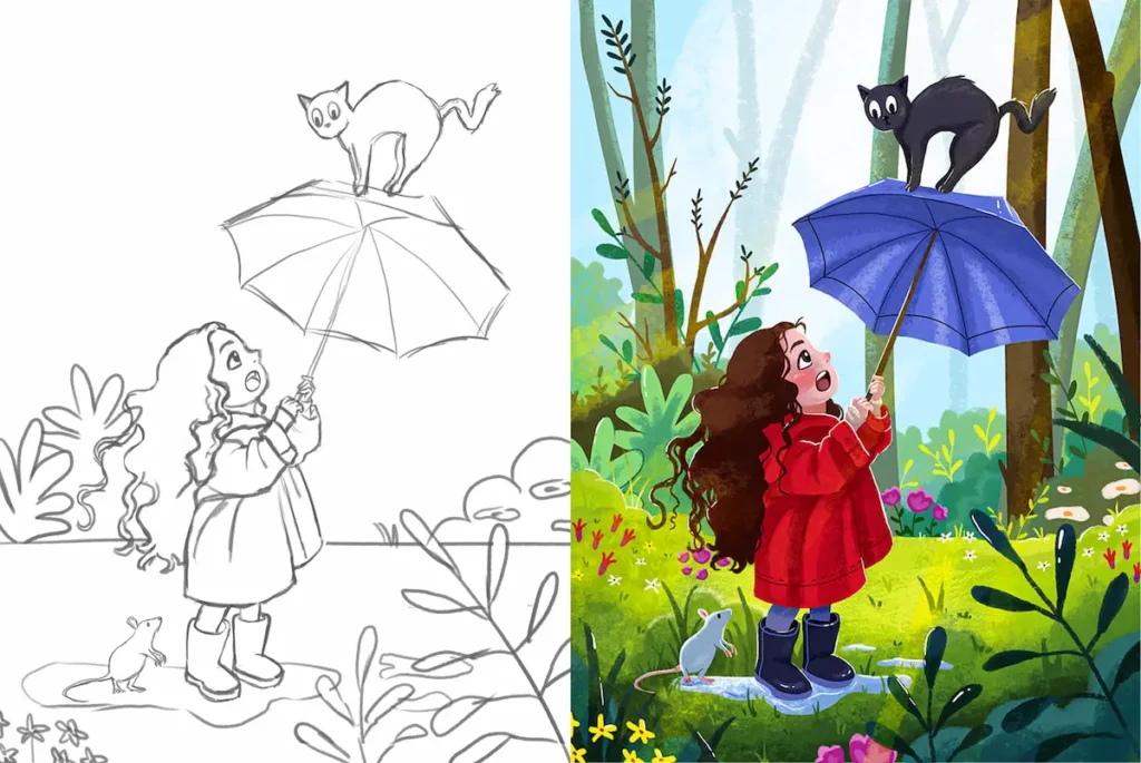 children's book illustration process - sketch to color