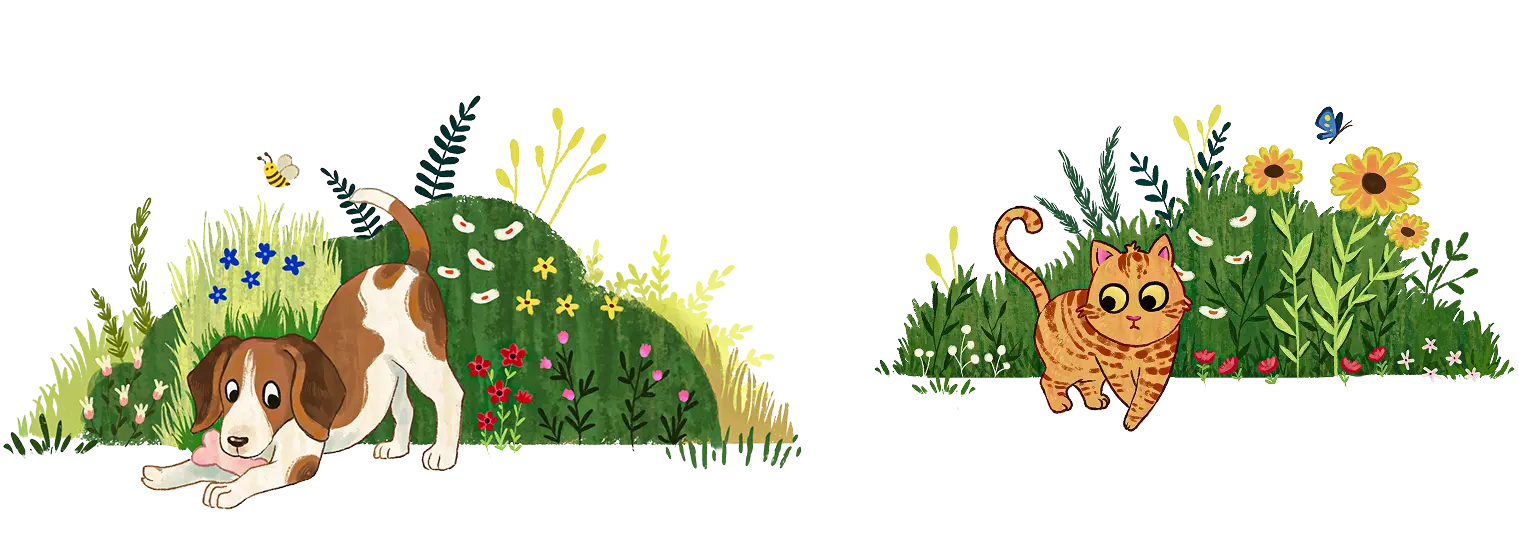 Children's book illustration of a cat and a dog in nature