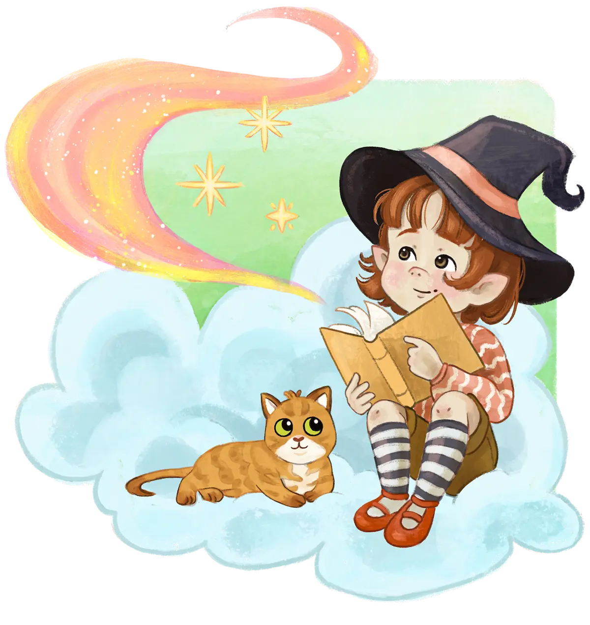 Magical childrens book illustration of a witch sitting on a cloud with her kitty