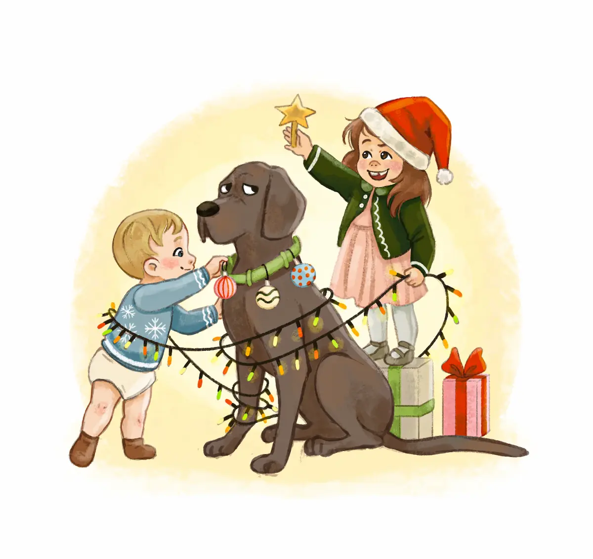 Christmas themed children's book illustration of two toddlers wrapping an annoyed-looking dog with fairy lights