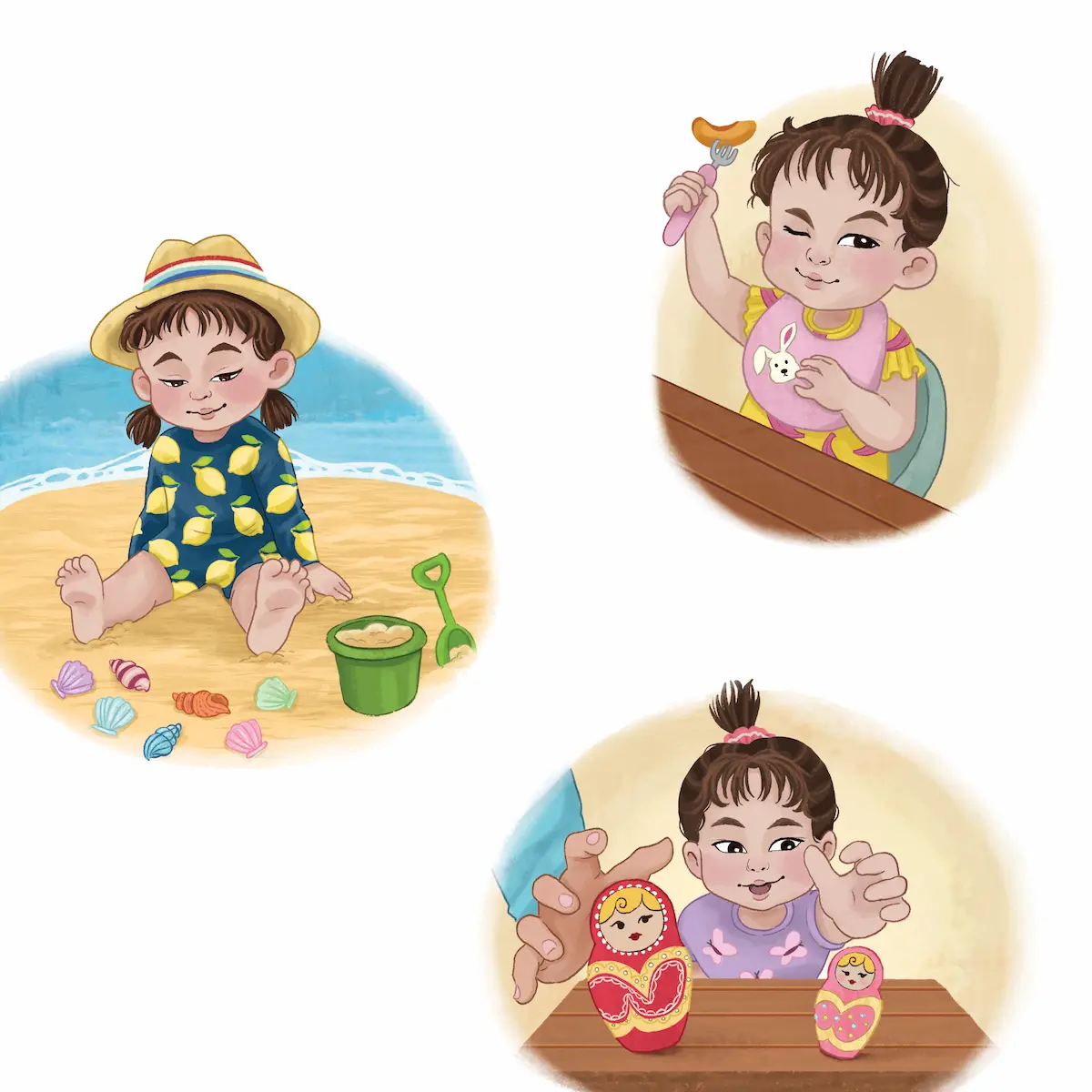 Children's book illustration spots of a little girl