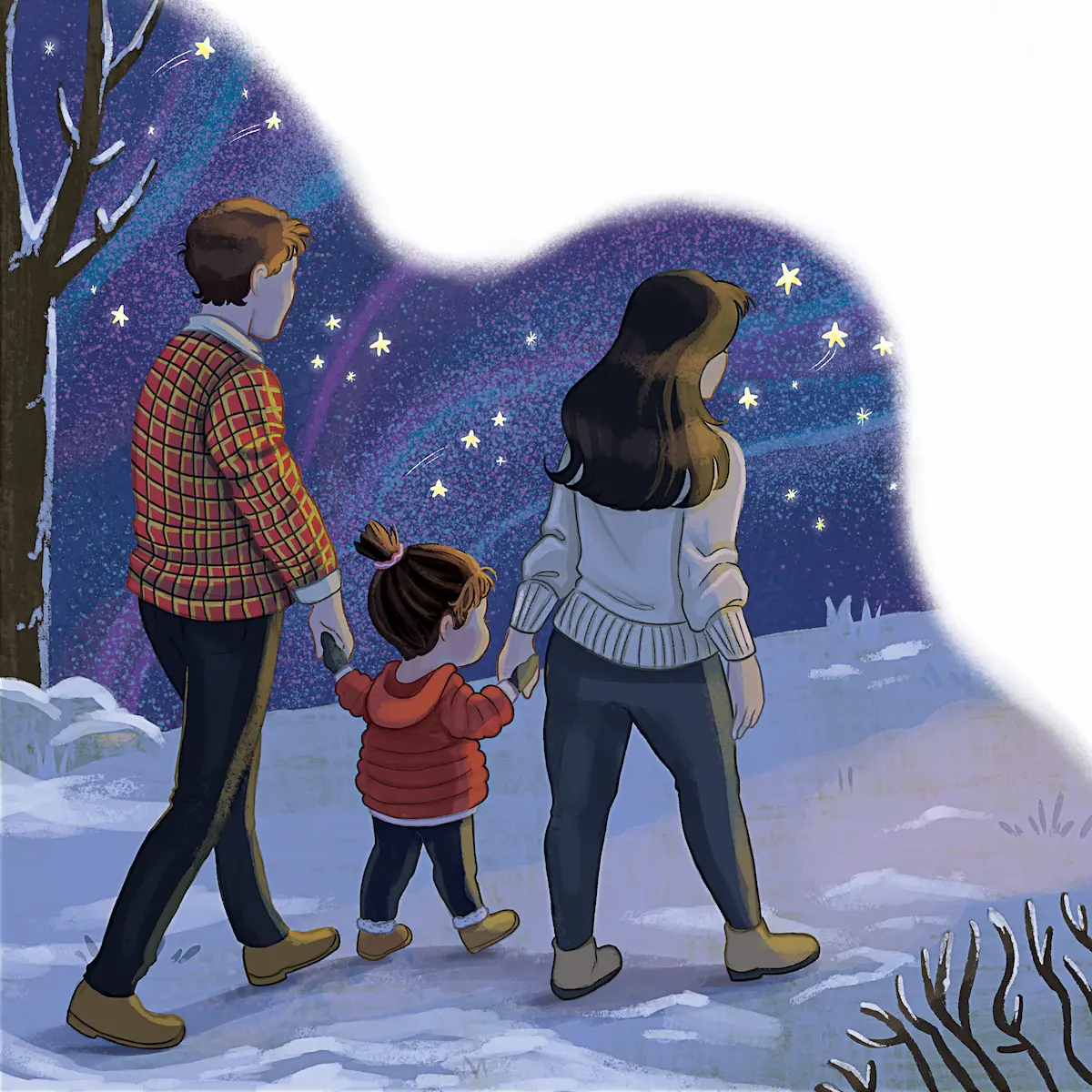 Children's book illustration of a family walking together on a snowy night