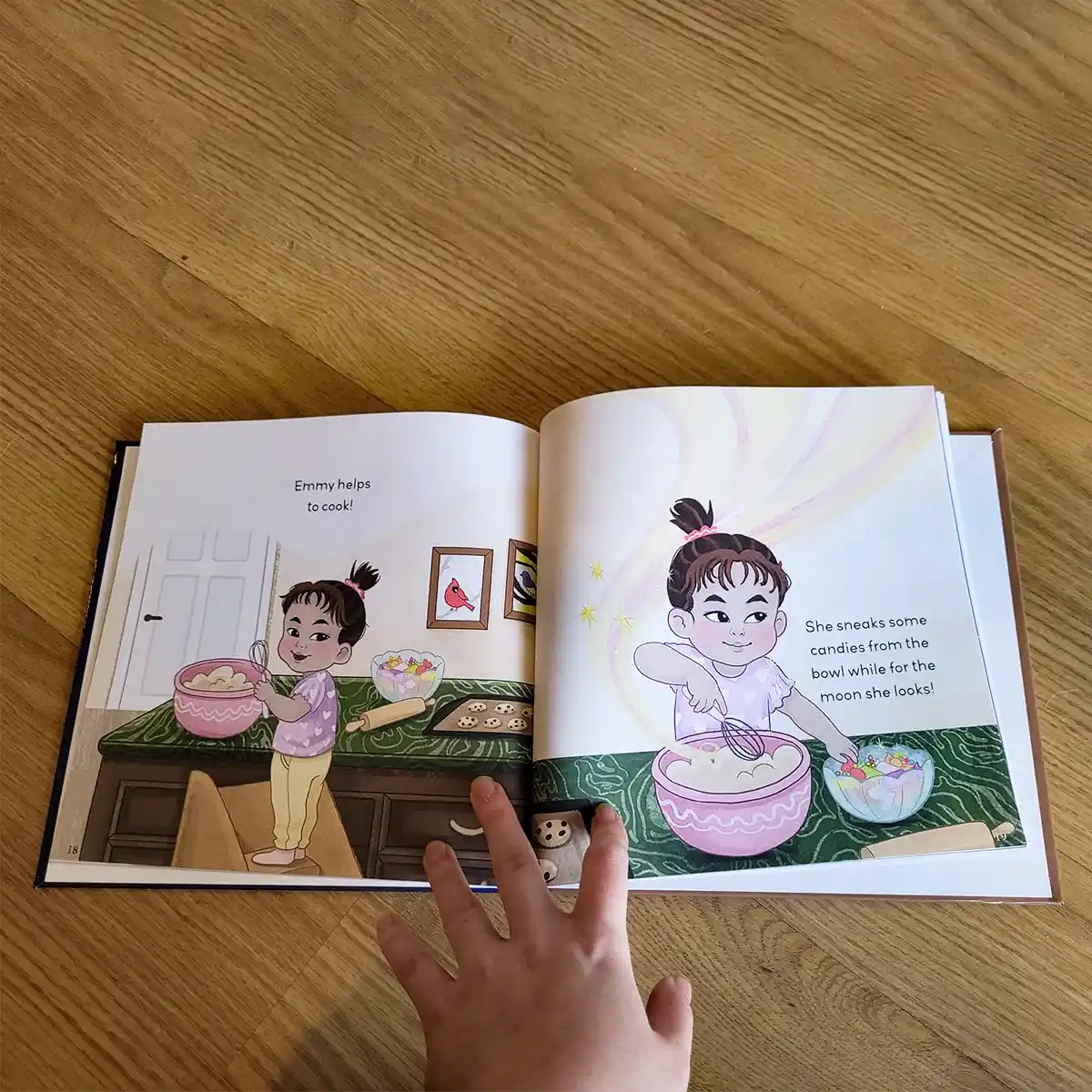 Pages from the children's book Emmy and the Moon by Audra Honaker. Illustrations by Noam Levi. Kid lit illustrations
