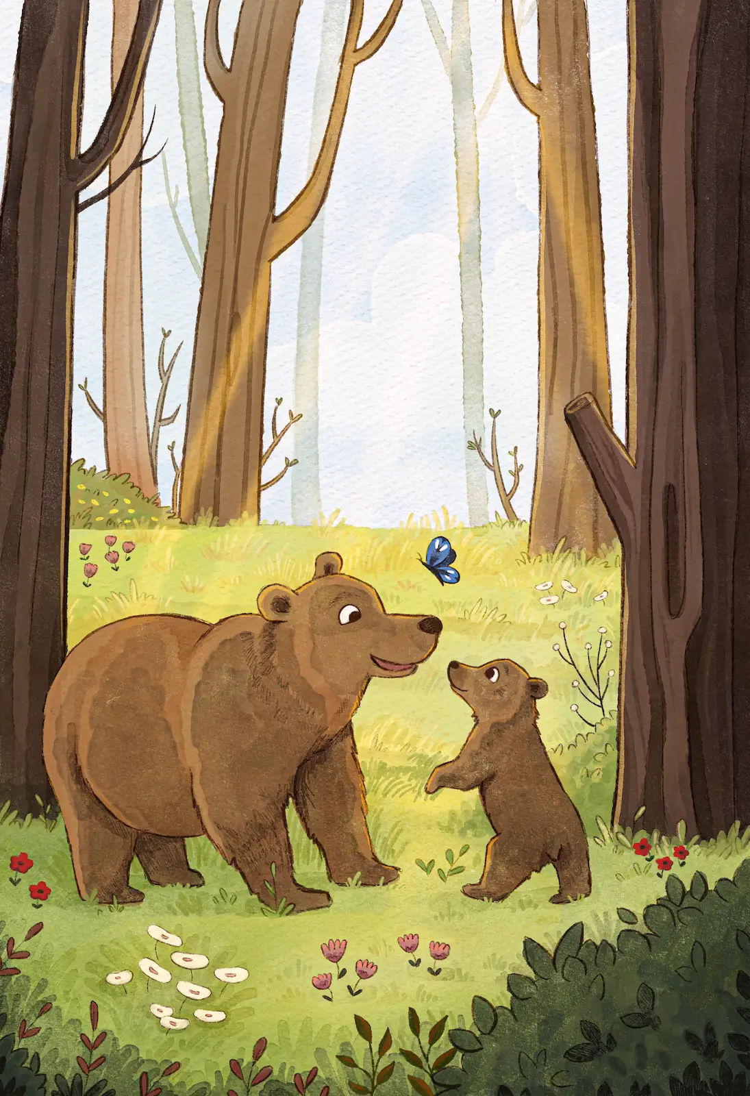 Children's book illustration of a bear cub with momma bear by Noam Levi