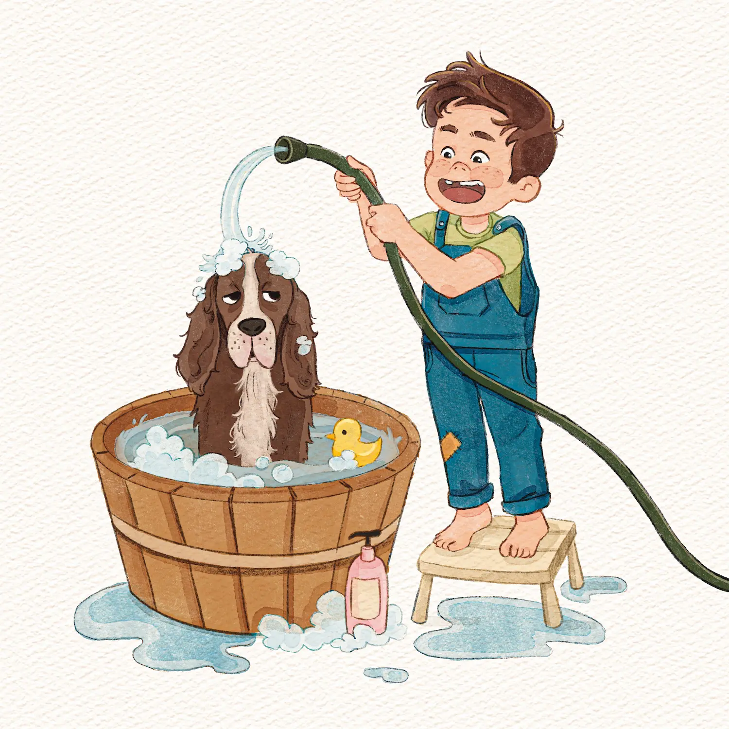 Picture book illustration of a child giving his dog a bath